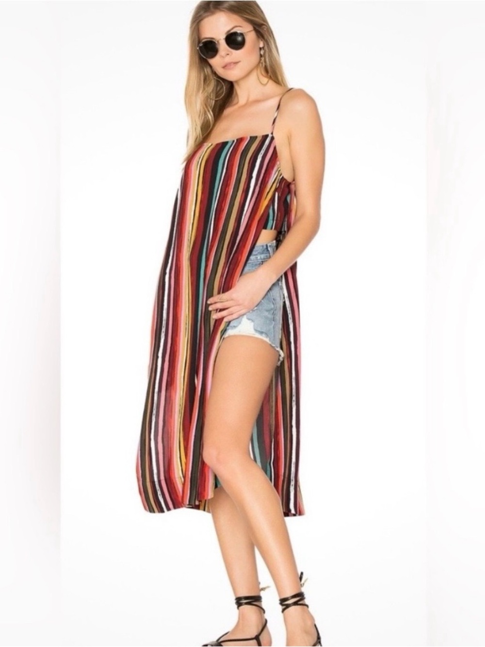 Free People Ruby Striped Maxi Shirt in Red, Teal, Mustard, White, Pink & Black